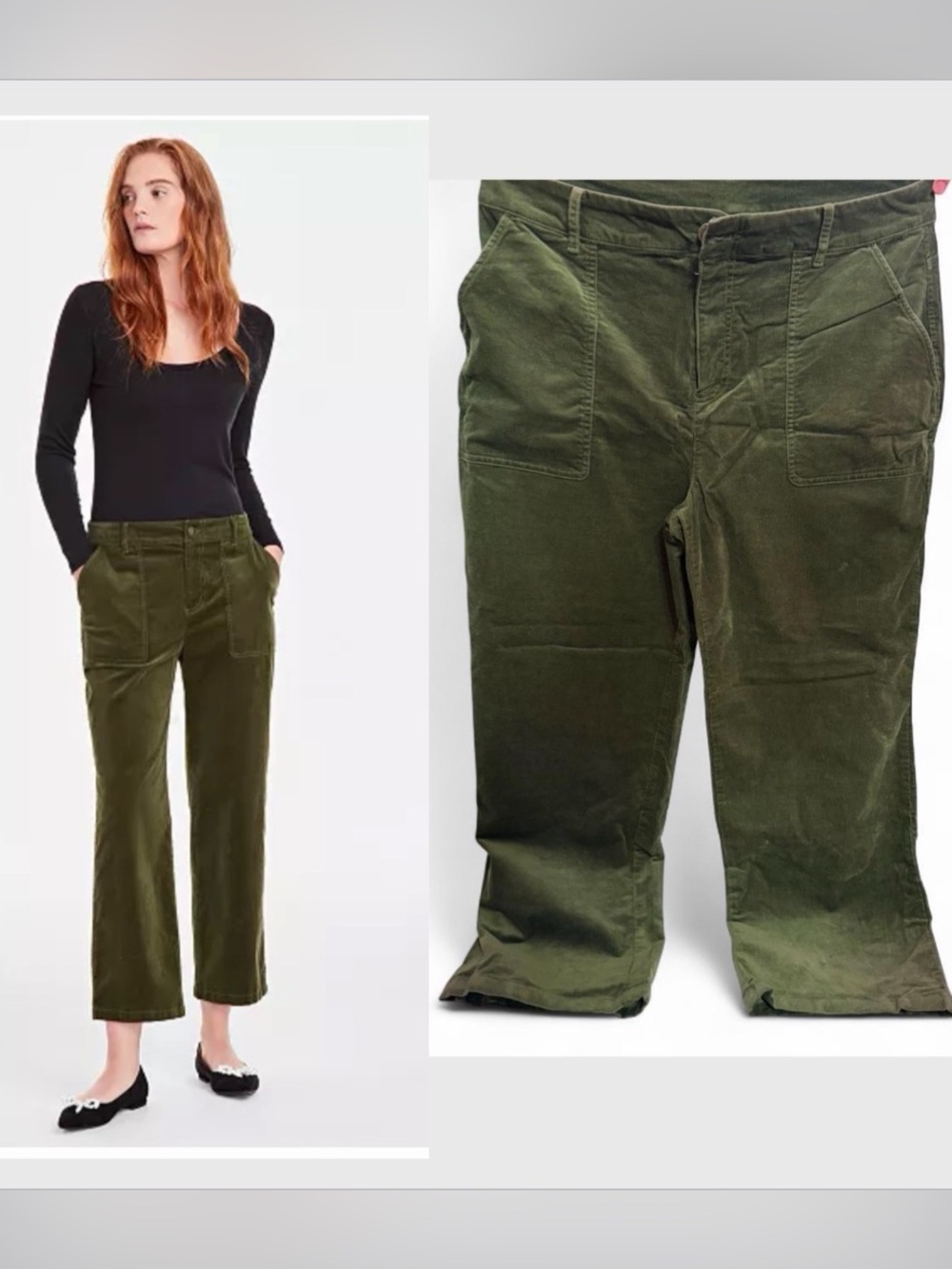 Olive Green Cropped Corduroy Pants - Women
